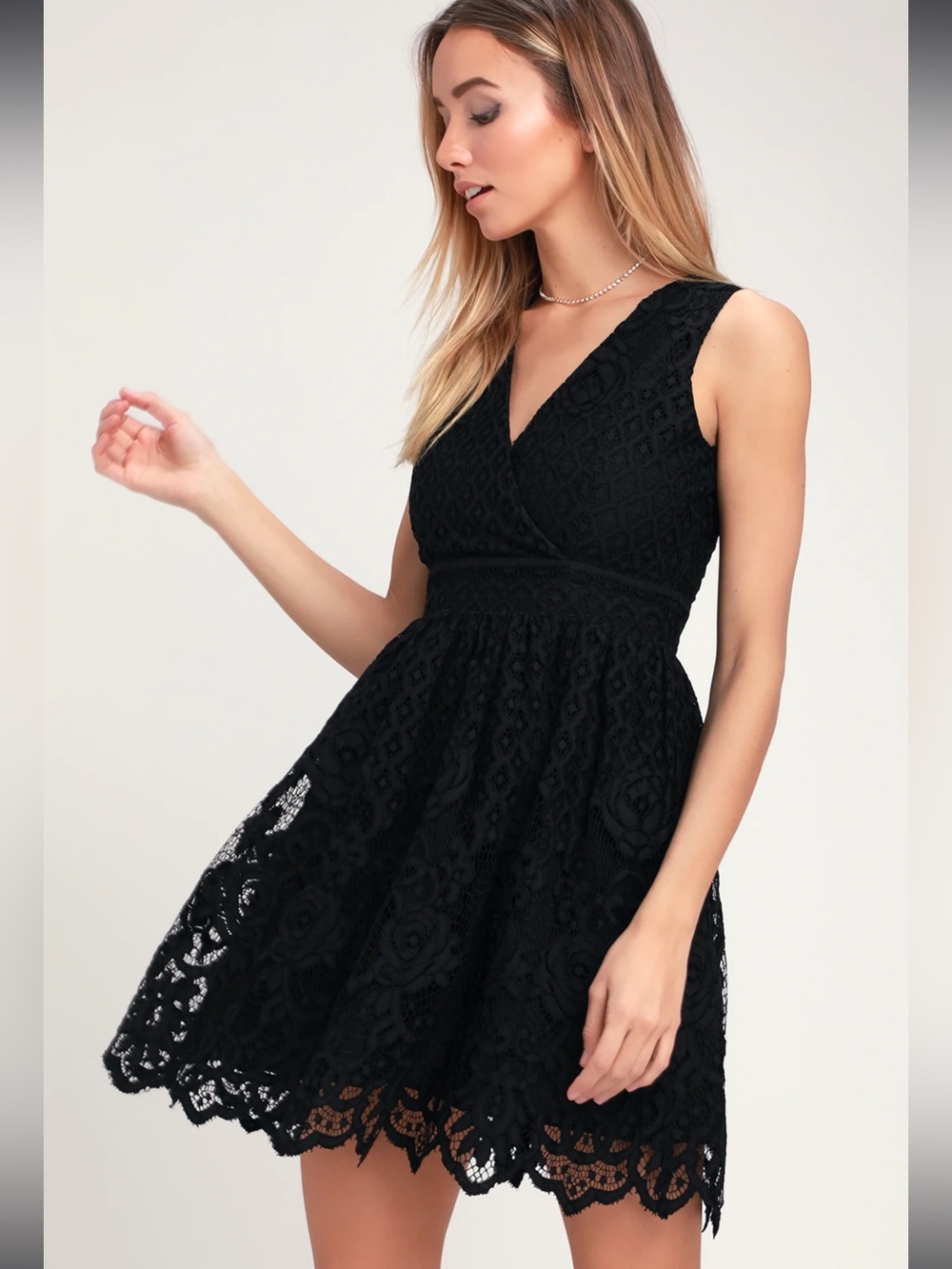 Black Swan "Brandi" Black Lace Surplice Skater Dress